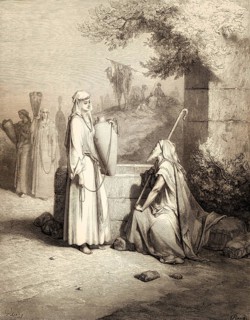 Eliezer and Rebekah at the well, woodcut by Gustave Doré