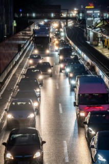 Traffic jam on the A40 motorway, Ruhrschnellweg, in Essen, underground station Essen