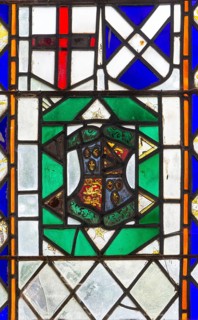 Stained glass medieval fragments, Church of Saint Nicholas, Rushbrooke, Suffolk, England, UK, Royal