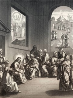 Jesus teaches the disciples about humilty and fraternal correction, steel engraving 1853, digitally