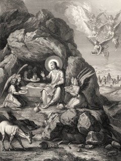 The ministry of angels to Christ, Steel engraving 1853, digitally restored