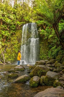 A woman stands by a waterfall in a lush forest, surrounded by moss covered rocks and vibrant ferns,