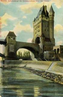 Historical postcard, picture postcard, bridgehead of the road bridge over the Rhine, Worms,