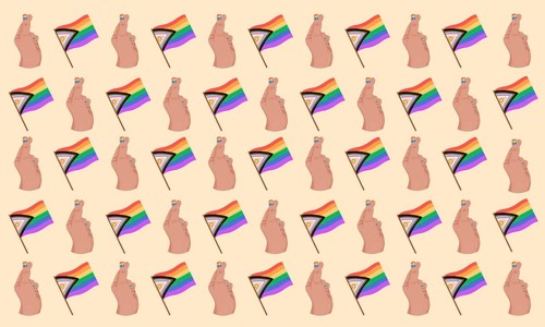 A seamless pattern featuring Pride flags and illustrated hand gestures with painted nails on a