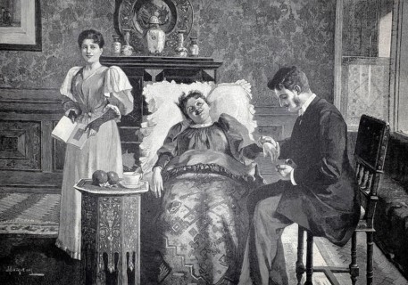 The patient, young doctor feels the pulse of a sick person, doctor on home visit, 1891, authentic,