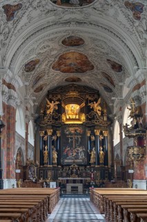 Interior with high altar and Lenten cloth, painted by Paul Honecke in 1626, baroque collegiate