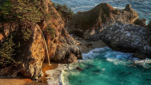 Julia Pfeiffer Burns State, waterfall, rocks, Atlantic Ocean, coast, California, North America,