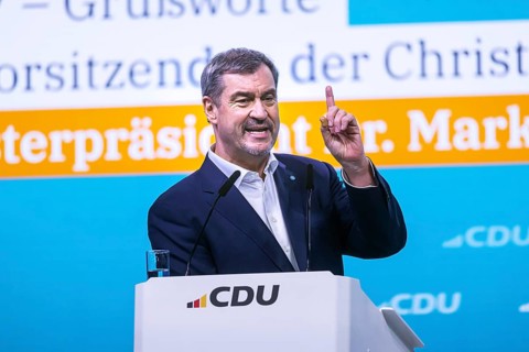 38th Federal Party Congress of the CDU of Germany in Stuttgart. Greetings from Markus Söder, party