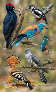 Display board birds, native birds, Great spotted woodpecker (Dromaius novaehollandiae), European