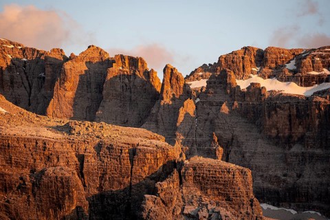 Detail, rocks and mountain peaks of the Brenta Mountains, evening mood with alpine glow, Brenta,