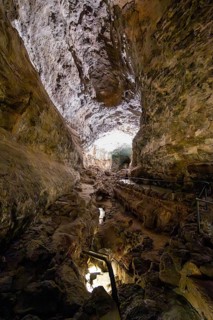 Underground cave formed by lava flow, illuminated lava cave, Cueva de los Verdes, Lanzarote, Canary
