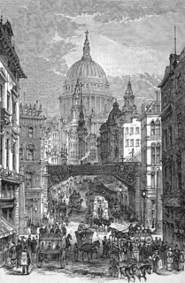 View towards St Paul's Cathedral, horse traffic on Ludgate Hill, around 1870, London, England,