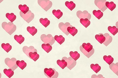 A charming pattern of pink and red hearts gracefully overlapping on a light textured background,