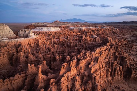 Aerial photograph capturing the breathtaking landscape of Goblin Valley State Park, Utah,