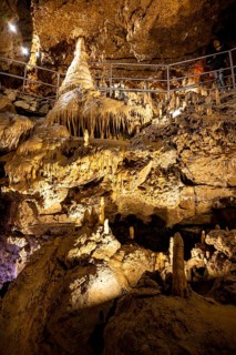Stalagmites and stalactites in a cave, Devil's Cave Pottenstein, Franconian Switzerland, Franconia,