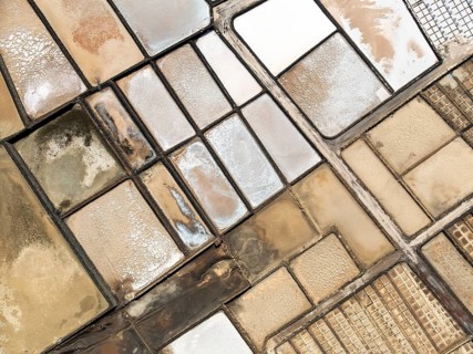 Salt mining plant, Salinas de Janubio, top-down, near Yaiza, drone shot, Lanzarote, Canary Islands,