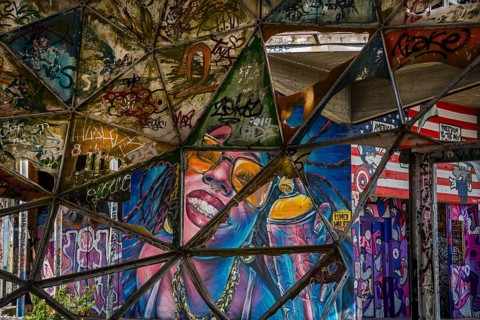 Graffiti on the former US eavesdropping facility on Teufelsberg in Grunewald, Berlin, Germany