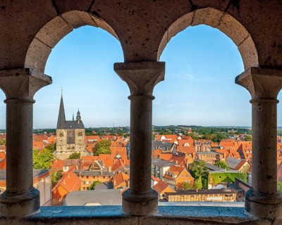 View of the roofs of the historic old town and the market church of St. Benediktii, UNESCO World
