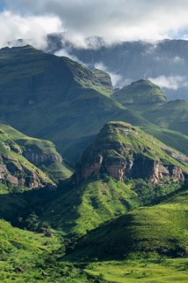 Drakensberg Mountains and Cliffs with Fog, Amphitheatre, Drakensberg National Park, KwaZulu Natal,