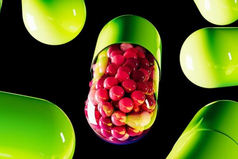 Bright green capsules pills with one revealing vibrant contents create a dynamic visual against a