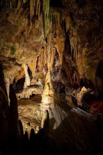 Stalagmites and stalagtites in a cave, Devil's Cave Pottenstein, Franconian Switzerland, Franconia,