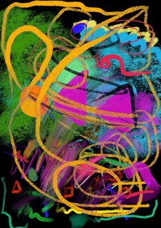 A vibrant and dynamic abstract composition featuring bold, swirling lines and geometric shapes in