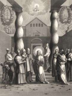 Pharisees try to trap Jesus, New Testament, steel engraving 1853, digitally restored