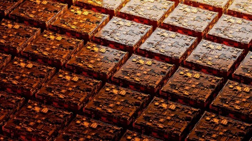 This background showcases a complex arrangement of abstract circuitry, with warm orange hues and