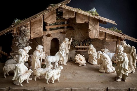 Christmas crib, Tyrolean crib figures with Christ Child, Saint Family, Shepherds, Sheep, Ox and