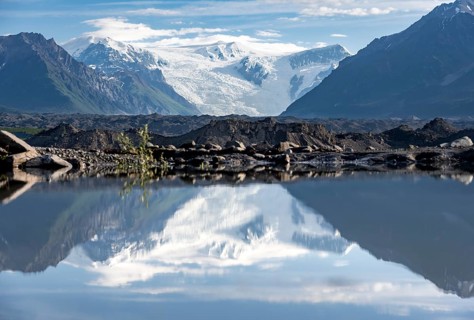 Mountain landscape reflected in glacial lake, Mount Blackburn and Kennicott Glacier, McCarthy Road,