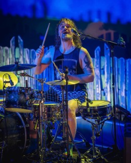 Sascha Madsen, drummer of Madsen live at Heute Nacht! 20th anniversary album debut tour in Berlin's