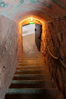 A dimly lit stone tunnel with a staircase and a rope railing leading to an open door area, Le