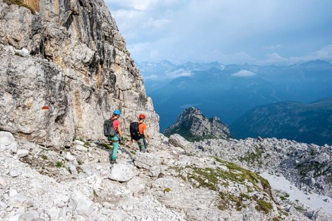Climbers on a hiking trail, rocky mountain landscape, Via Ferrata SOSAT via ferrata, Brenta