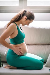 A pregnant woman wearing a green yoga outfit is practicing wellness and mindfulness in a serene