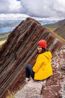 Female hiker in the Peruvian Andes, Pallay Punchu Rainbowmountain, Layo, Peru