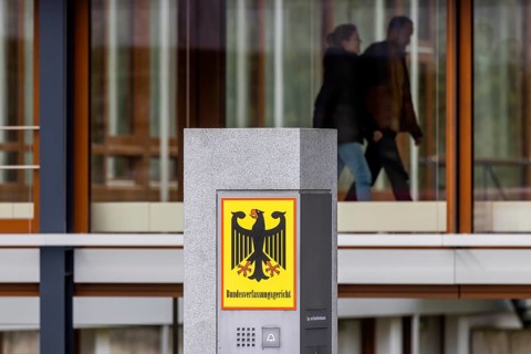 Federal Constitutional Court Karlsruhe, (BVerfG) . Exterior view with national emblem, federal
