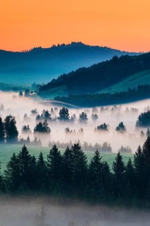 View from the Raten Pass over the fog-covered high moor of Rothenthurm in the canton of Schwyz,
