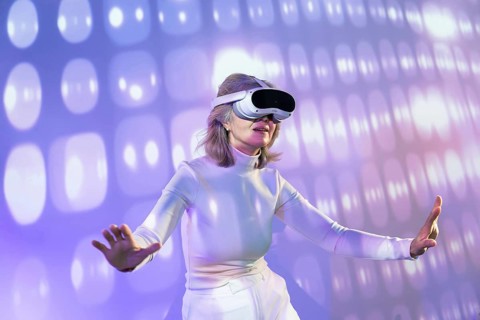 An elderly Asian woman experiences the metaverse through a virtual reality headset, surrounded by a