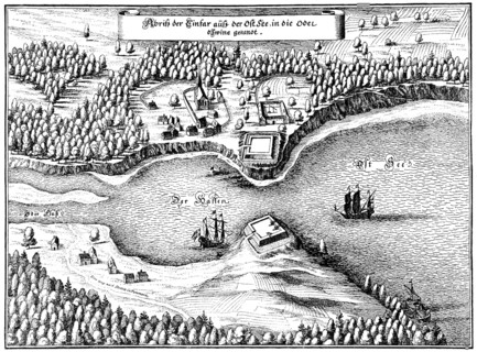 Panoramic view of Swinemünde or Swinoujscie, 17th century, Usedom, Westpommern, Poland, Europe,