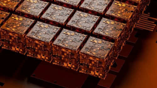 This background showcases a complex arrangement of abstract circuitry, with warm orange hues and