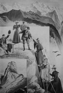 Sunday hikers climbing the Gummihorn, a peak in the Bernese Oberland, 1880, Switzerland, Historic,