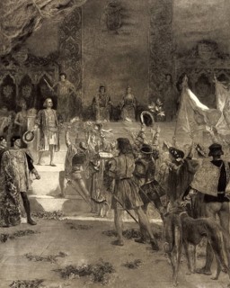 Christopher Columbus standing before King Ferdinand and Queen Isabella on his return to Spain,