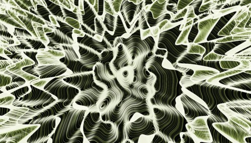 An intricate, swirling abstract pattern dominates this 3D-rendered image, showcasing a mesmerizing,