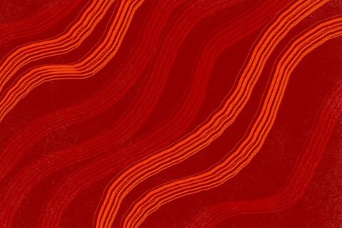 A vibrant illustration featuring undulating waves in shades of red and orange against a rough,