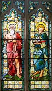 Stained glass window of Moses and Saint John by Ford Madox Ford c 1878, Kelsale church, Suffolk,