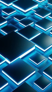 Abstract background design featuring a network of glowing geometric shapes in blue tones, creating