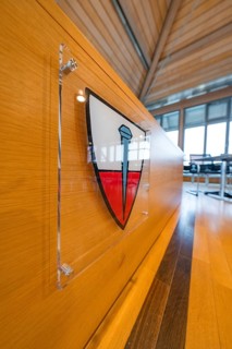 Modern interior decoration with coat of arms on a wooden wall panelling, Nagold Town Hall, Black