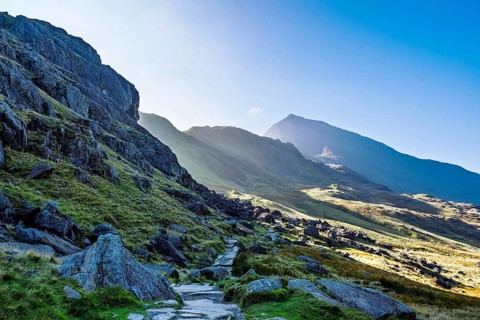 Autumn colours of Pen-y-Pass over Miner's Track, Start Point and road A4086, Snowdonia, Wales, UK