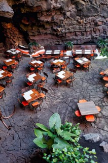 Tables in the restaurant, art and cultural centre, Jameos del Agua venue, lava tube, Lanzarote,
