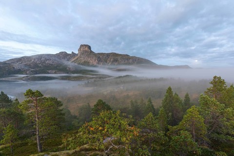 Magical morning fog on Steigtindvatnet in front of the majestic Steigtinden in Norway near Bodø